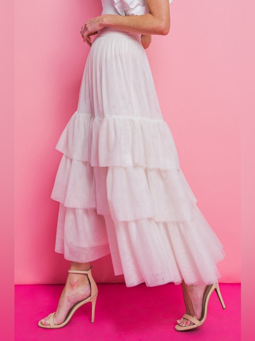 NWT Luxury Off White Tiered Ruffle Soft Tulle Lined Maxi Skirt - Picture 3 of 6